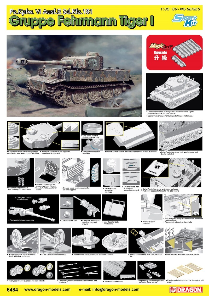 Model Kit Dragon - ドラゴン 6484、1/35 タイガー I、グルップ フェルマン、ドイツ重戦車、第二次世界大戦装甲モデル、スマートキット、マジックトラック、スケールモデルキット