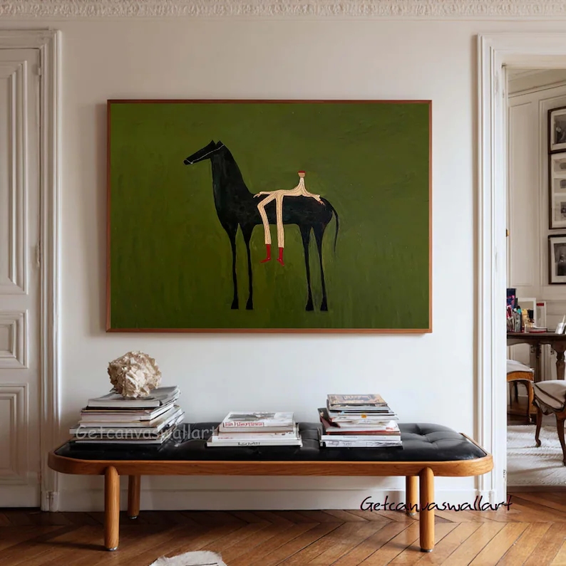 Model Kit Horse - 現代抽象西洋馬と人物ウォールアートプリントキャンバス絵画ポスター写真リビングルーム、寝室の家の装飾用